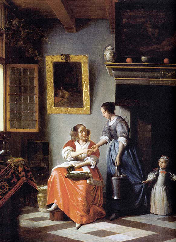 Woman hands over Money to her Servant